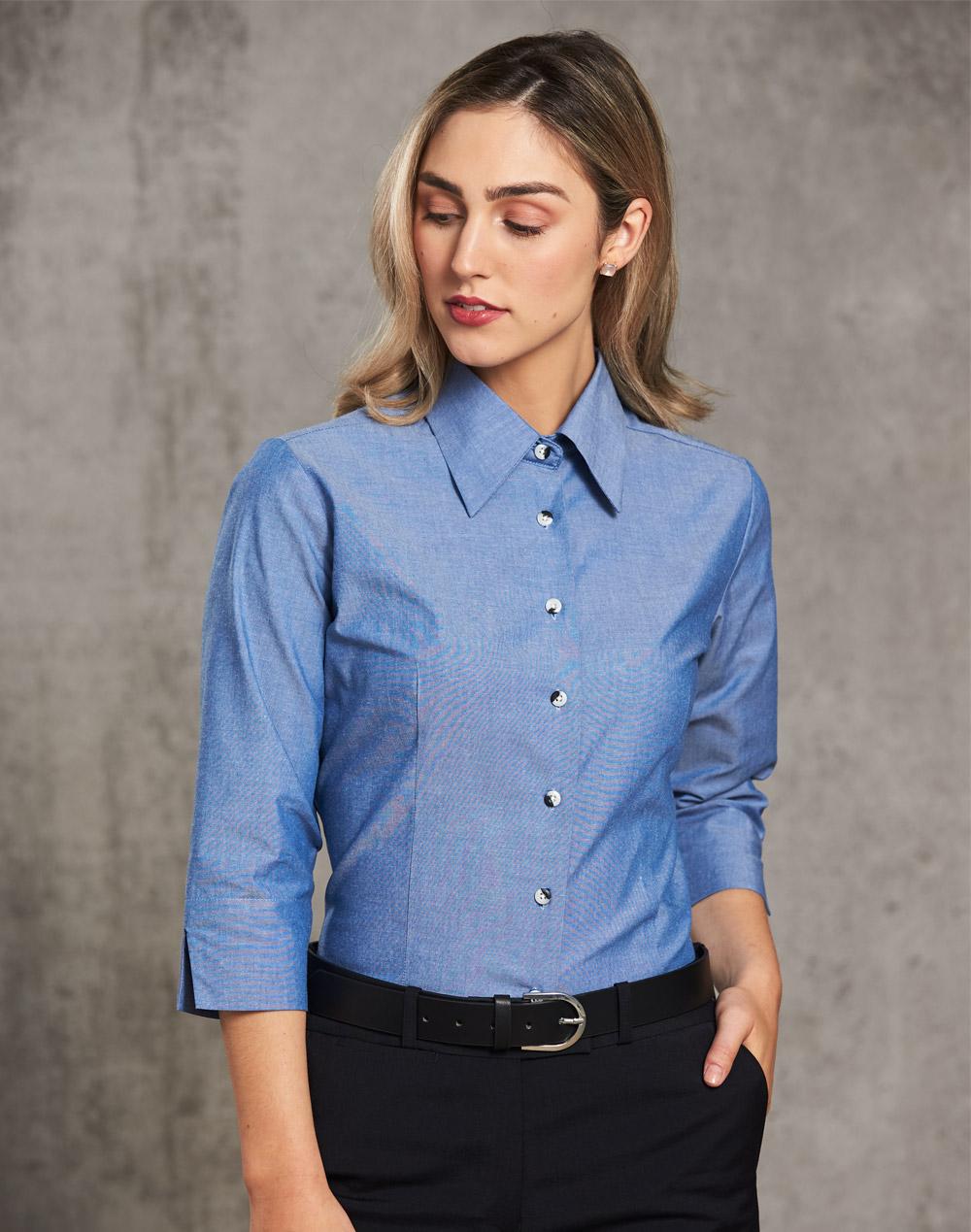 Ladies' Wrinkle Free Chambray Shirt 3/4 Sleeve